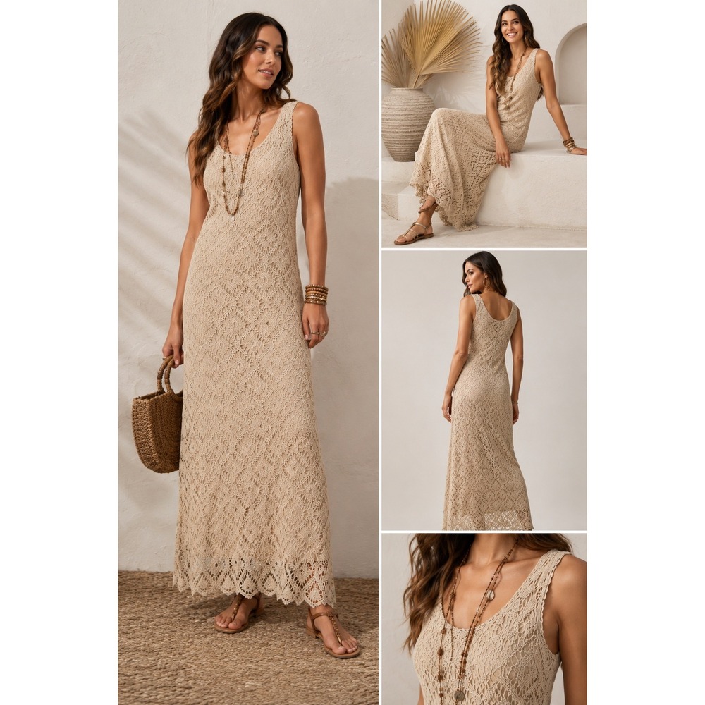 Chico's Dress Cassandra Crochet Geometric Tan Boho Sleeveless Maxi 1